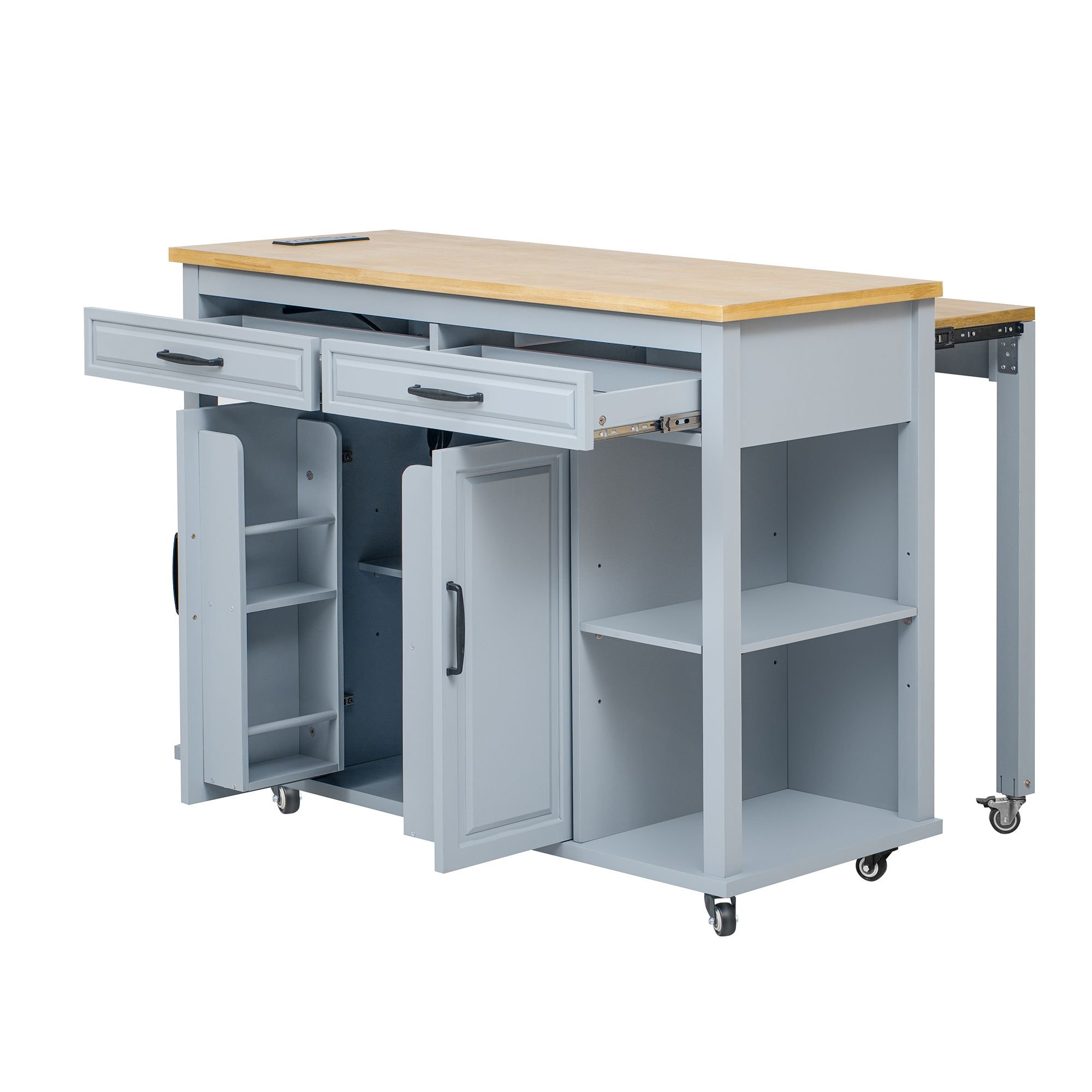 47 inch Kitchen Island with Extendable Dining Table, Rubber Wood Veneer ...