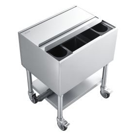 Commercial Ice Bin, 65.1 Qt Max Capacity, 24 x 19 x 35 Inch Stainless Steel Ice Chest with Sliding Lid and Bottle Holders
