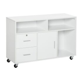 Printer Stand Home Office Mobile Cabinet Organizer Desktop with Caster Wheels, 2 Locking Breaks and Drawer, White